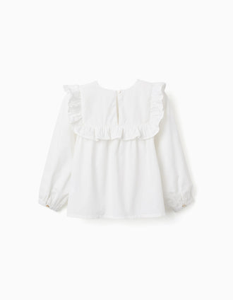 Blouse en coton à manches longues avec volants pour fille, blanc