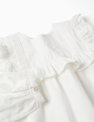 Blouse en coton à manches longues avec volants pour fille, blanc