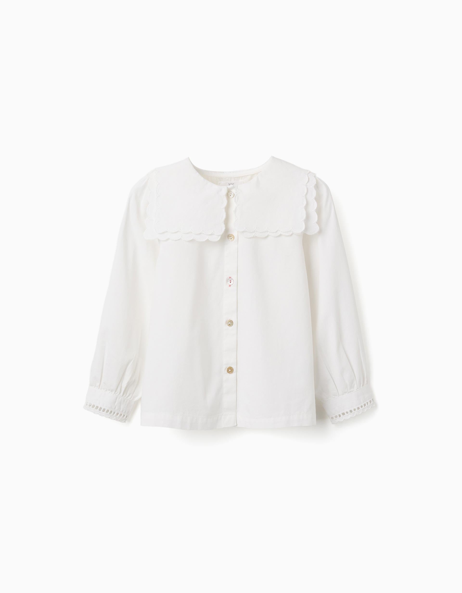 Long sleeve cotton shirt with square collar B&S for girls, white