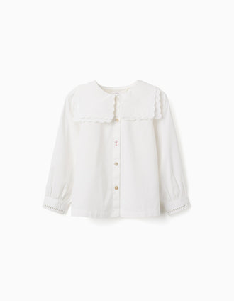 Long sleeve cotton shirt with square collar B&S for girls, white