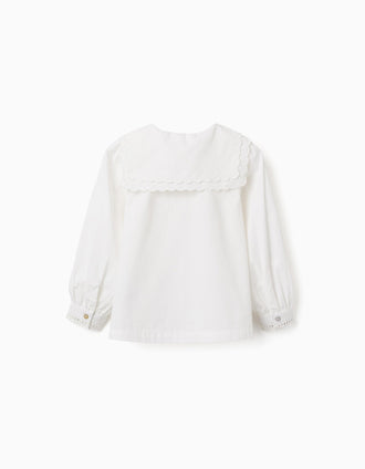 Long sleeve cotton shirt with square collar B&S for girls, white