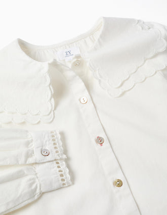 Long sleeve cotton shirt with square collar B&S for girls, white