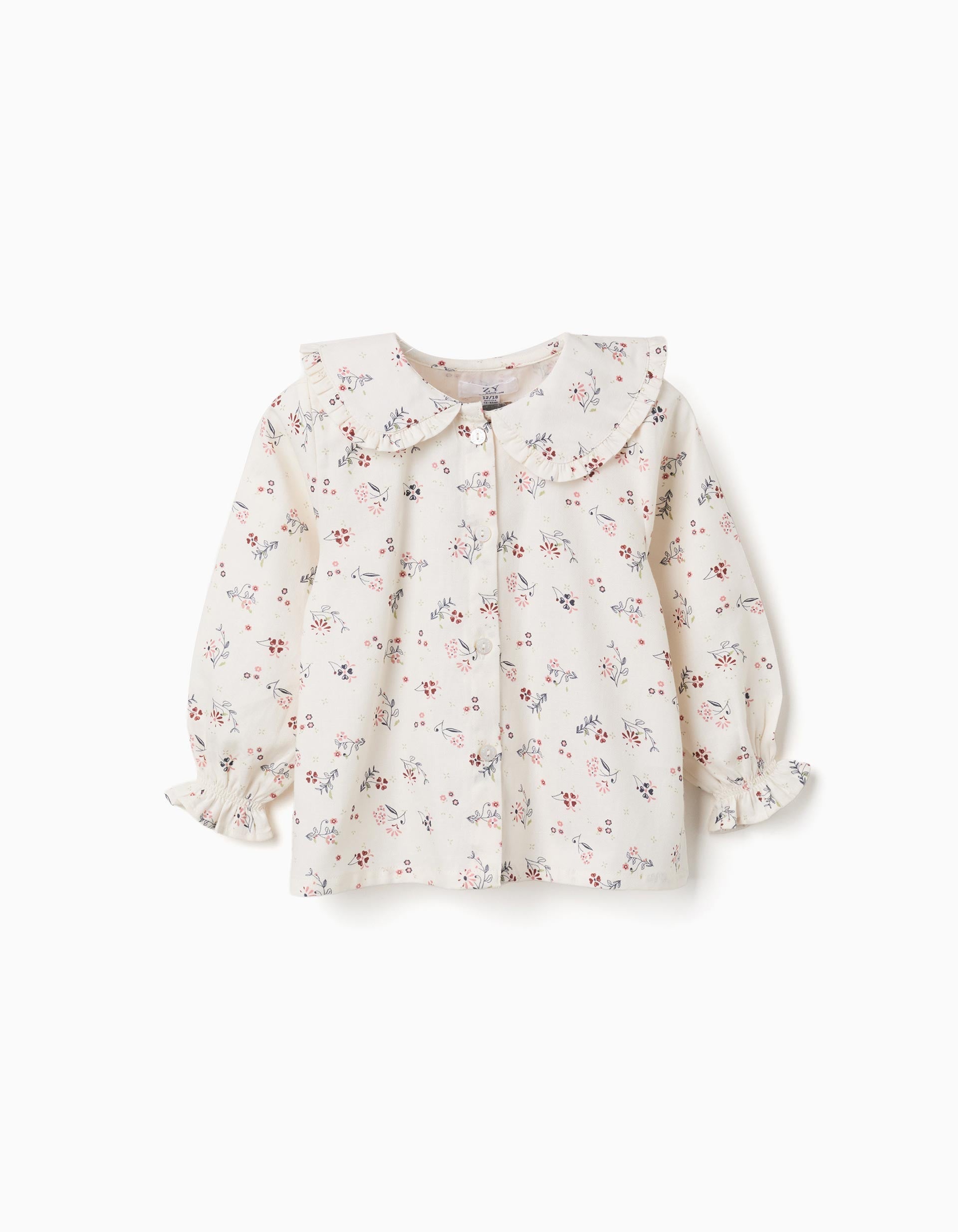 Long sleeve cotton blouse with floral pattern for baby girls, white