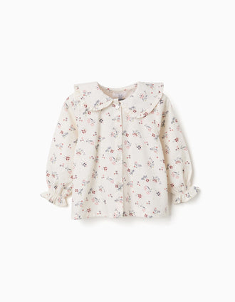 Long sleeve cotton blouse with floral pattern for baby girls, white