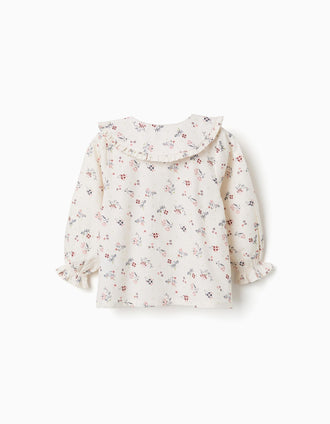 Long sleeve cotton blouse with floral pattern for baby girls, white
