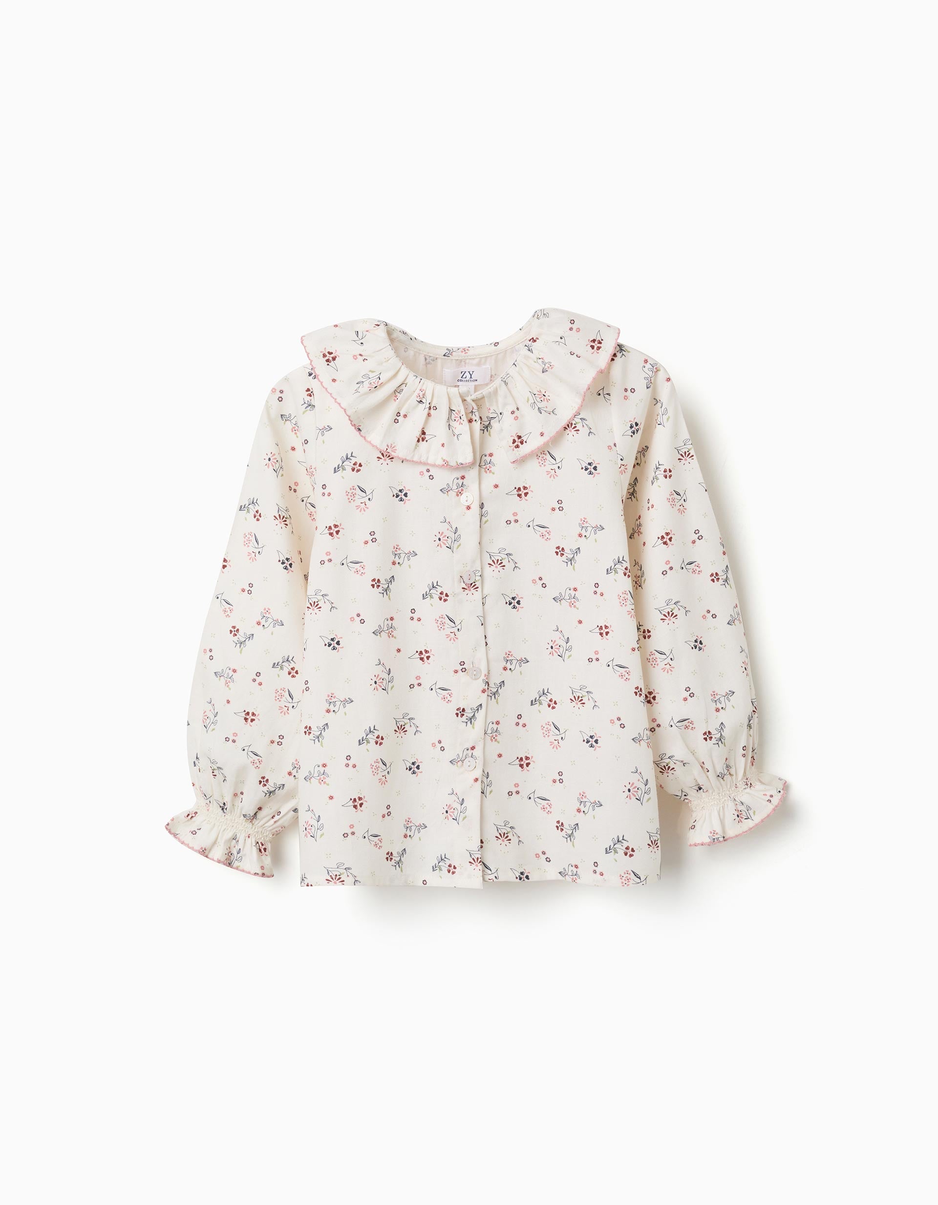 Blouse à manches longues en coton à motif fleuri pour fille, blanc