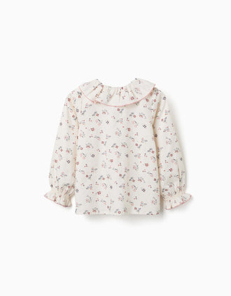 Blouse à manches longues en coton à motif fleuri pour fille, blanc