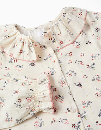 Blouse à manches longues en coton à motif fleuri pour fille, blanc