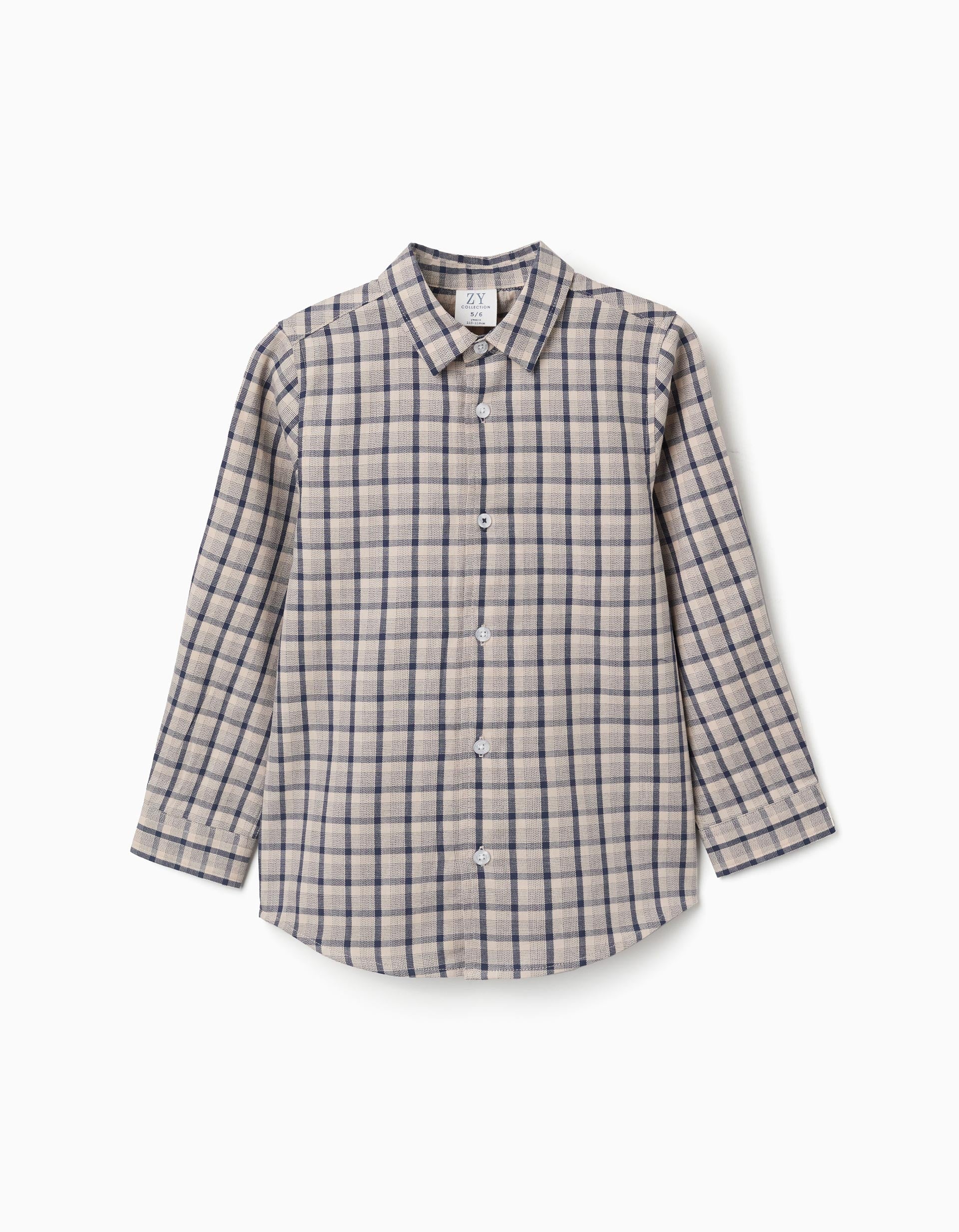 Chemise en coton à manches longues et à carreaux pour garçon, bleu/beige