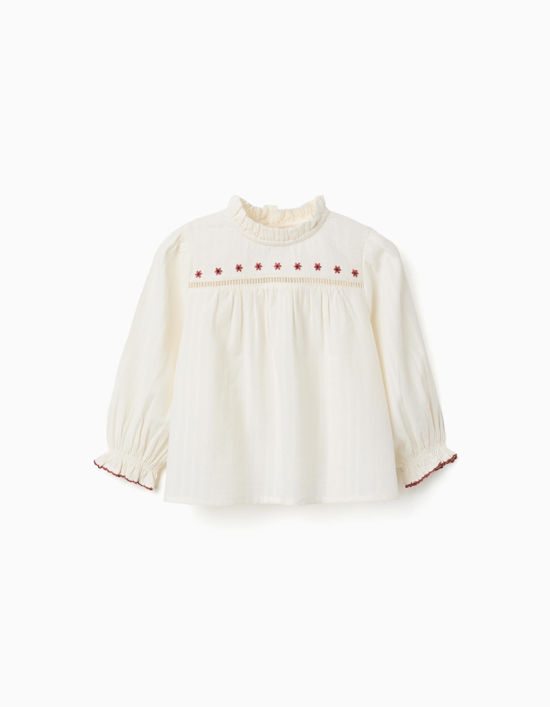 T-shirt de manga comprida com flores e folhos para bebé menina, branco