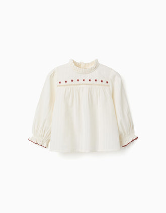 T-shirt de manga comprida com flores e folhos para bebé menina, branco