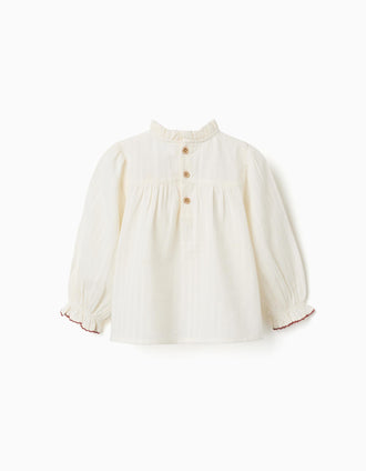 T-shirt de manga comprida com flores e folhos para bebé menina, branco