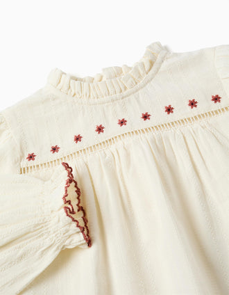 T-shirt de manga comprida com flores e folhos para bebé menina, branco