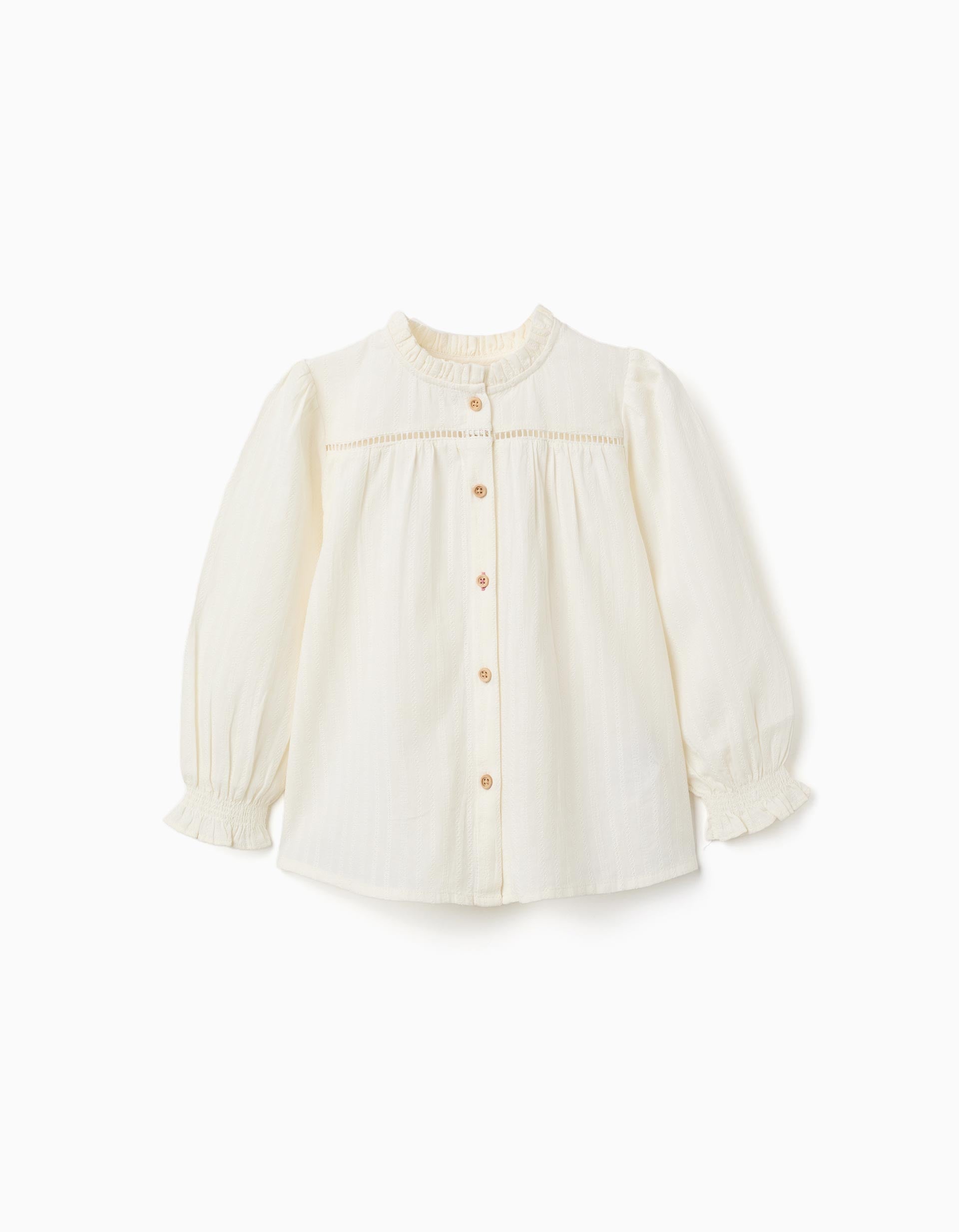 Camisa de manga comprida de algodão com folhos para menina, branco