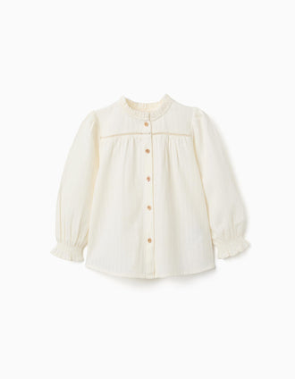 Camisa de manga comprida de algodão com folhos para menina, branco