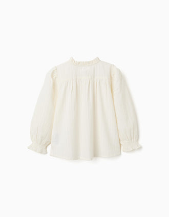 Camisa de manga comprida de algodão com folhos para menina, branco