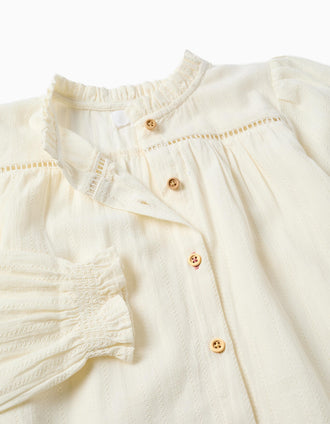 Camisa de manga comprida de algodão com folhos para menina, branco