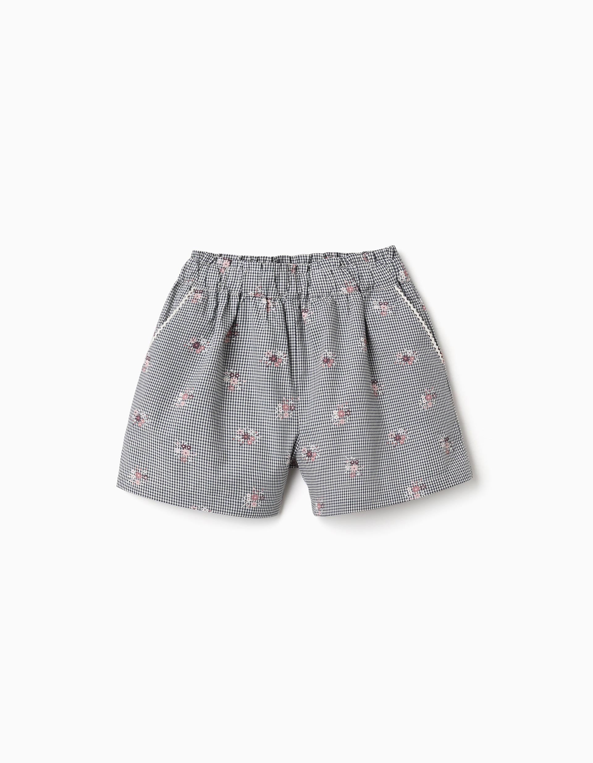 Cotton gingham shorts with floral print for girls, white/navy blue
