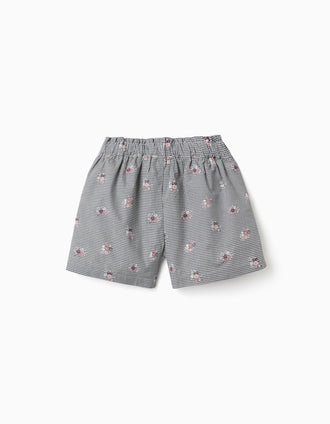 Cotton gingham shorts with floral print for girls, white/navy blue
