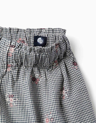 Cotton gingham shorts with floral print for girls, white/navy blue