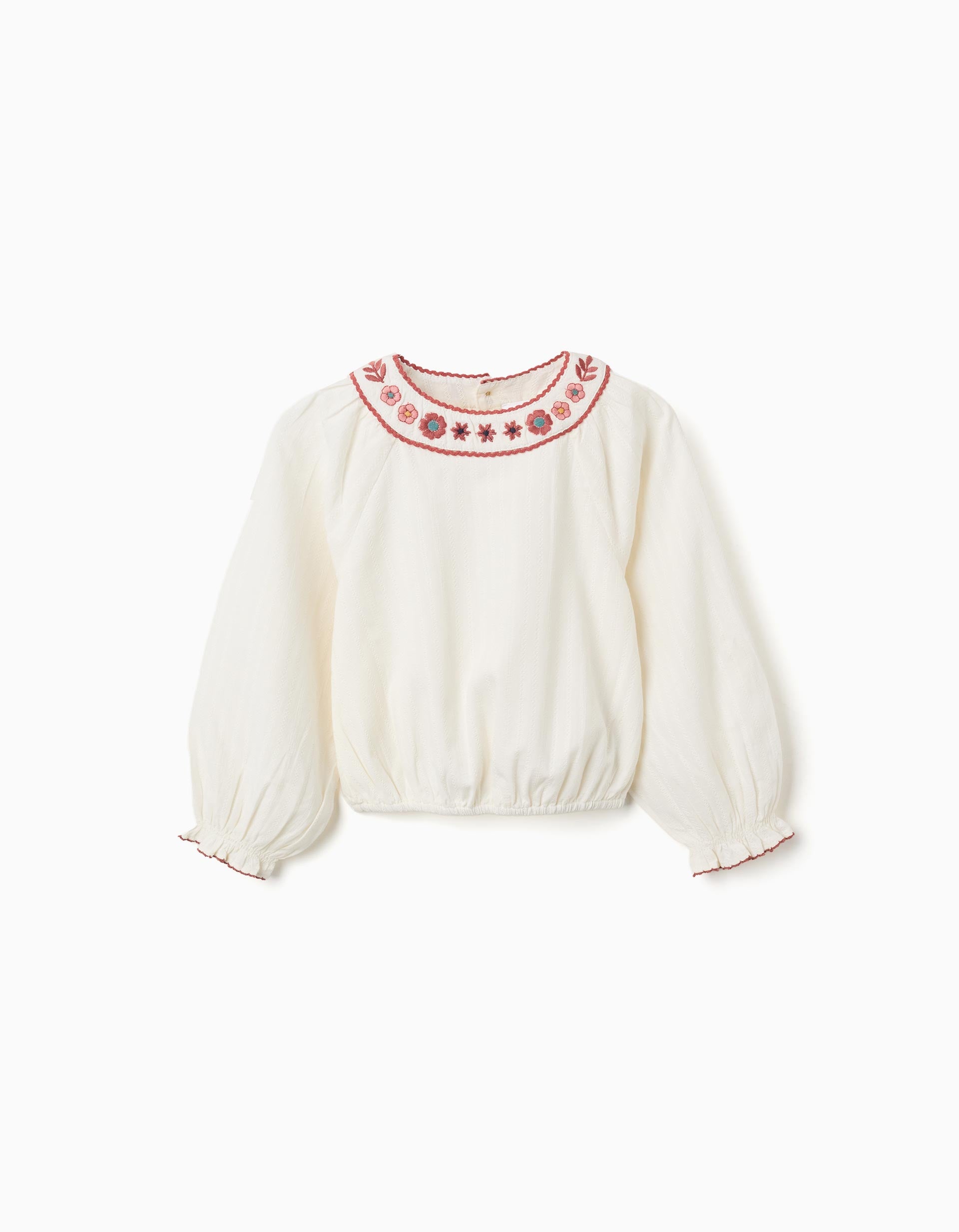 Blusa de manga comprida de algodão com gola bordada para menina, branco