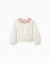 Long sleeve cotton blouse with embroidered collar for girls, white