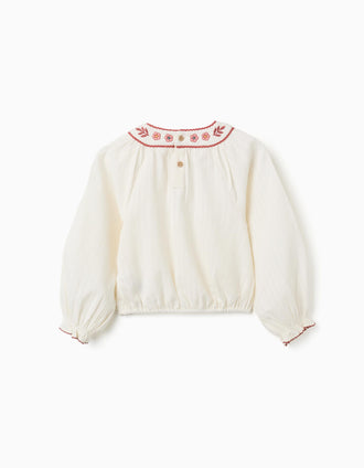 Blusa de manga comprida de algodão com gola bordada para menina, branco