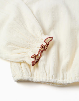 Blusa de manga comprida de algodão com gola bordada para menina, branco