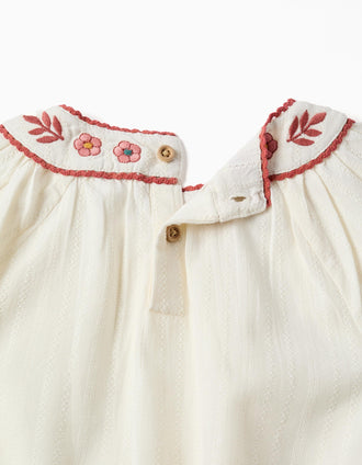 Blusa de manga comprida de algodão com gola bordada para menina, branco
