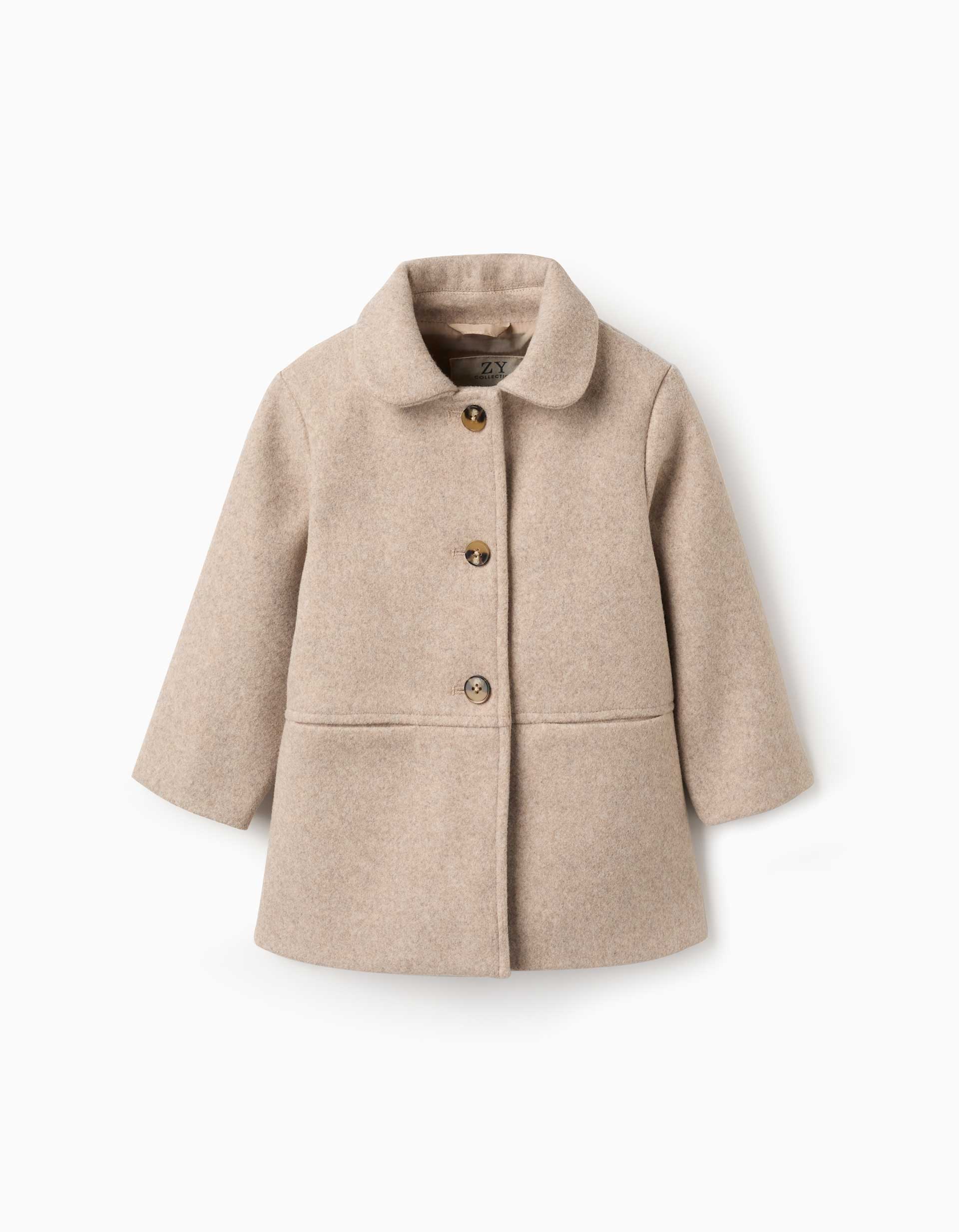 Wool effect coat with lining B&S for baby girls, beige