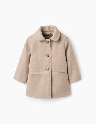 Wool effect coat with lining B&S for baby girls, beige