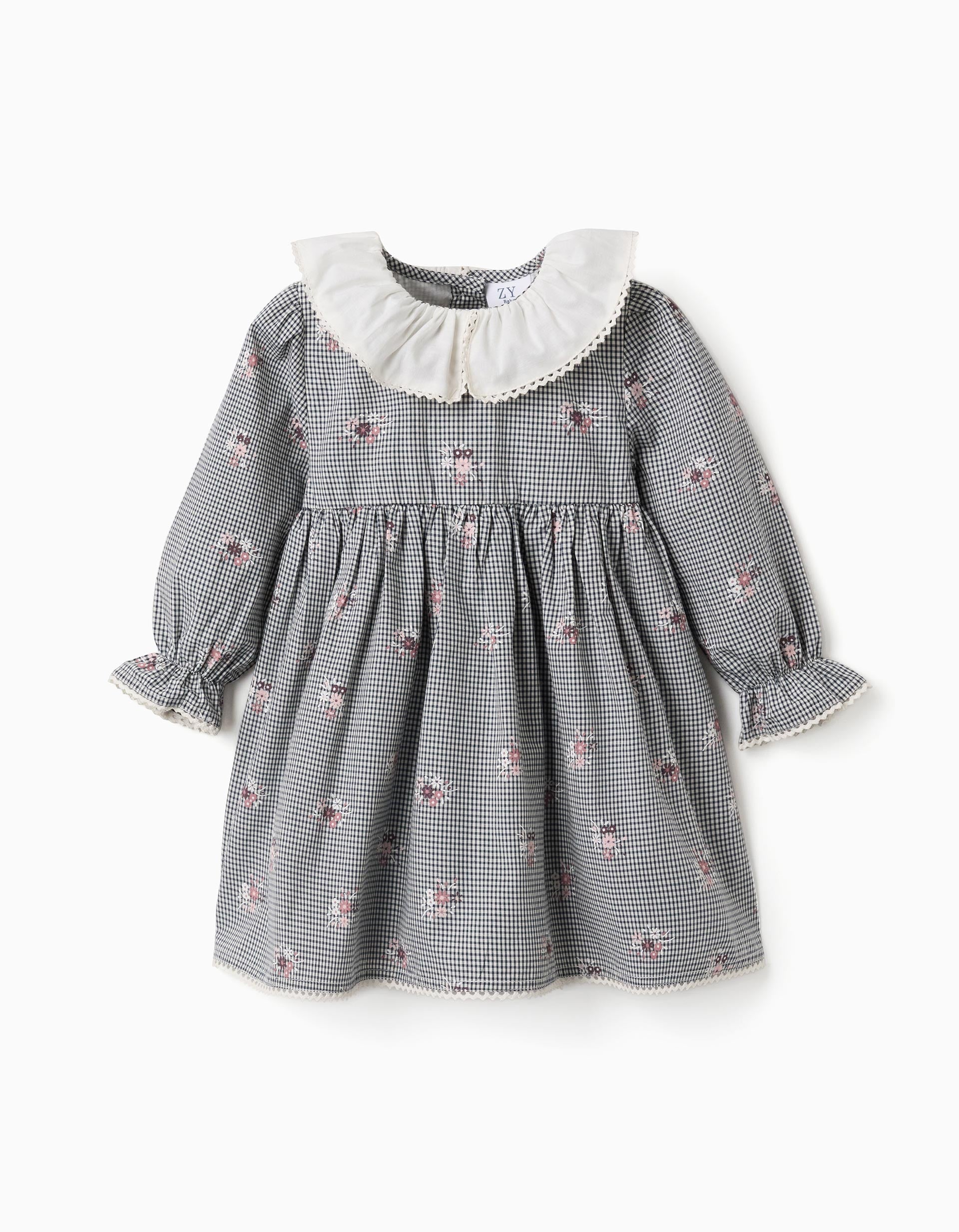 Vestido de algodón Vichy con flores para bebé niña, blanco/azul marino