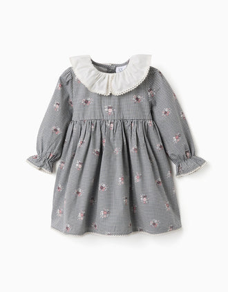 Vestido de algodón Vichy con flores para bebé niña, blanco/azul marino