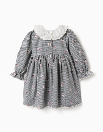 Vestido de algodón Vichy con flores para bebé niña, blanco/azul marino