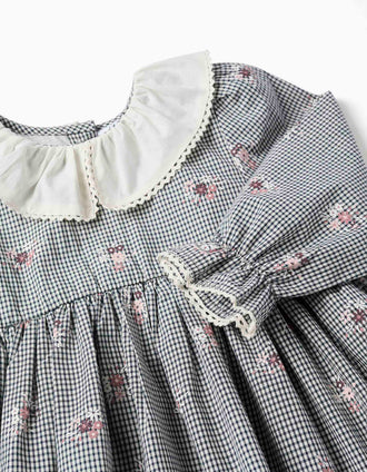 Robe en coton Vichy à imprimé floral pour bébé fille, blanc/bleu marine
