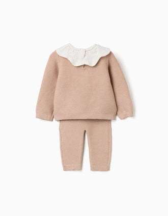 Conjunto de camisola e calças de malha para recém-nascida, bege