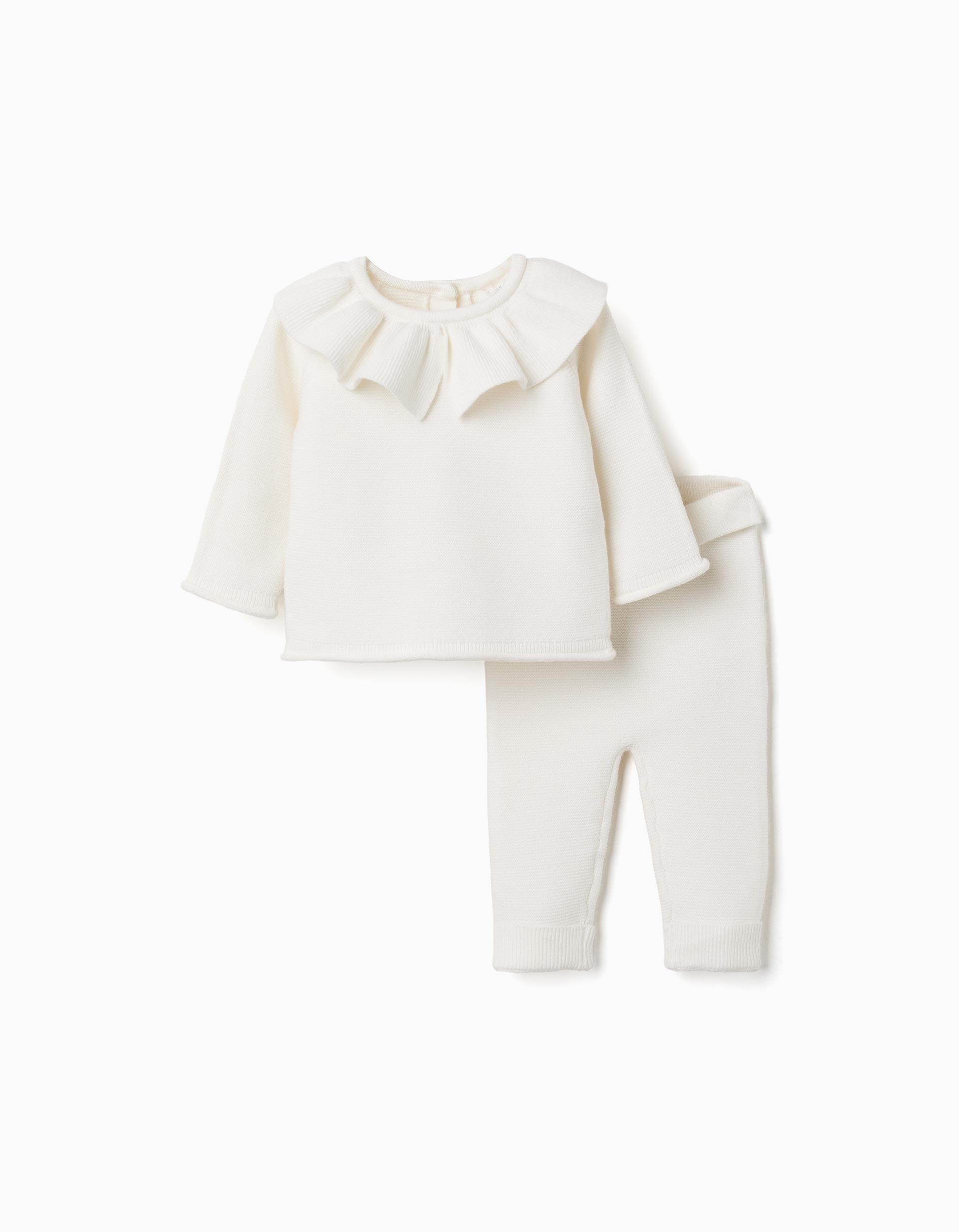 Camisola com folhos e calças de malha para recém-nascida, branco