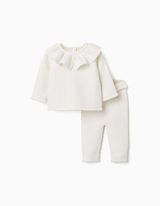 Camisola com folhos e calças de malha para recém-nascida, branco