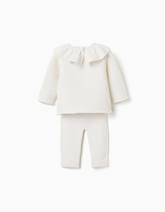 Camisola com folhos e calças de malha para recém-nascida, branco