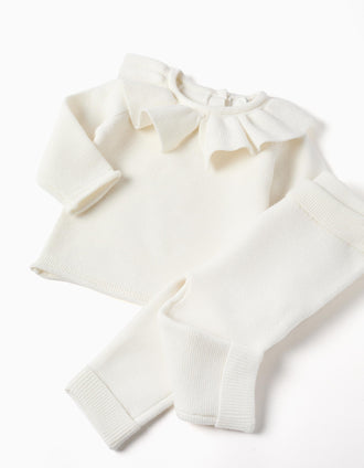 Camisola com folhos e calças de malha para recém-nascida, branco