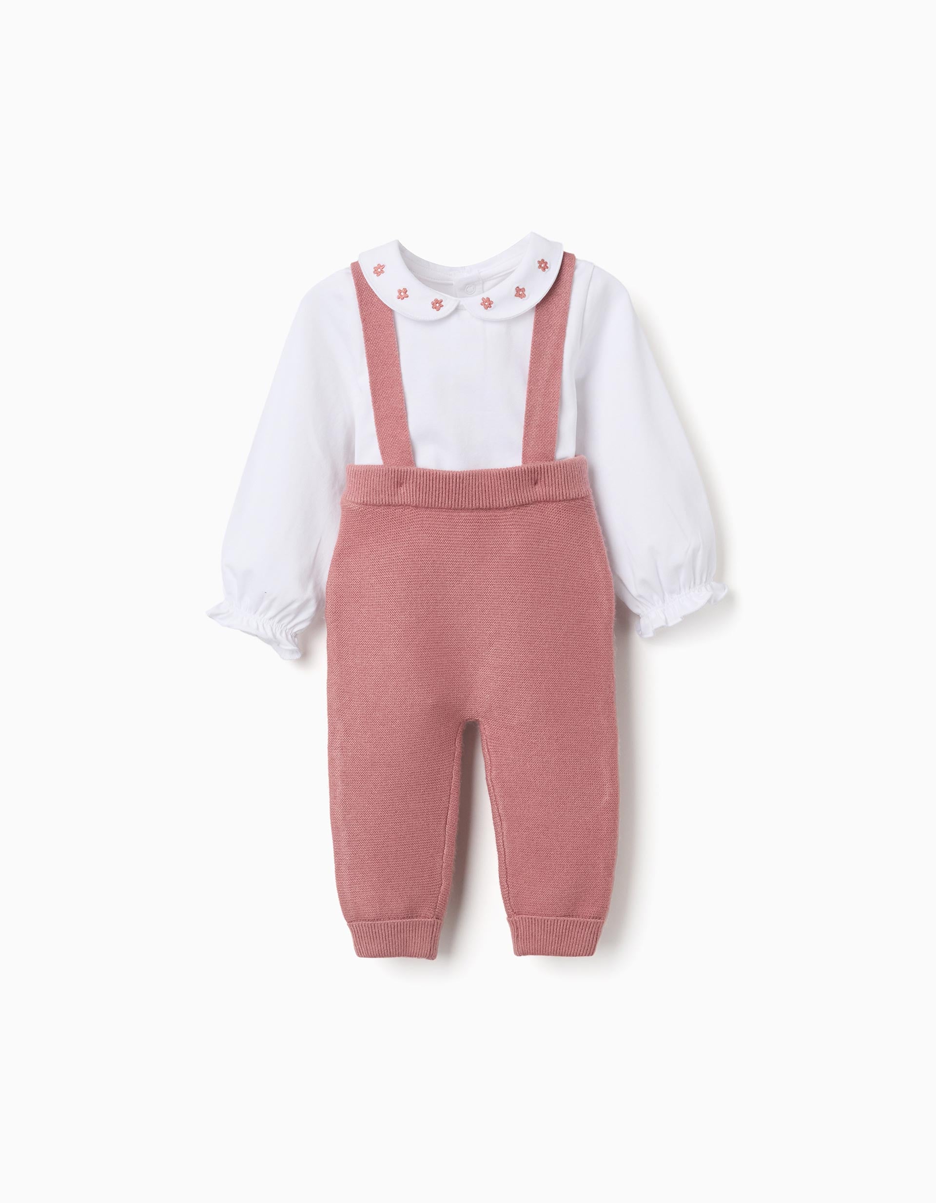 Cotton bodysuit and knitted trousers set for newborn girls, white/pink