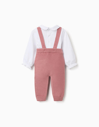Cotton bodysuit and knitted trousers set for newborn girls, white/pink