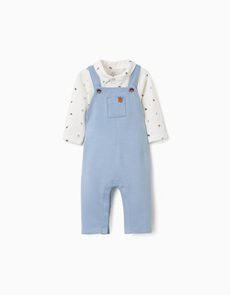 Cotton bodysuit and jumpsuit set for newborn boys, white/light blue