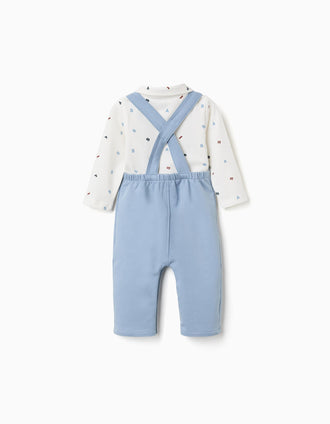 Cotton bodysuit and jumpsuit set for newborn boys, white/light blue
