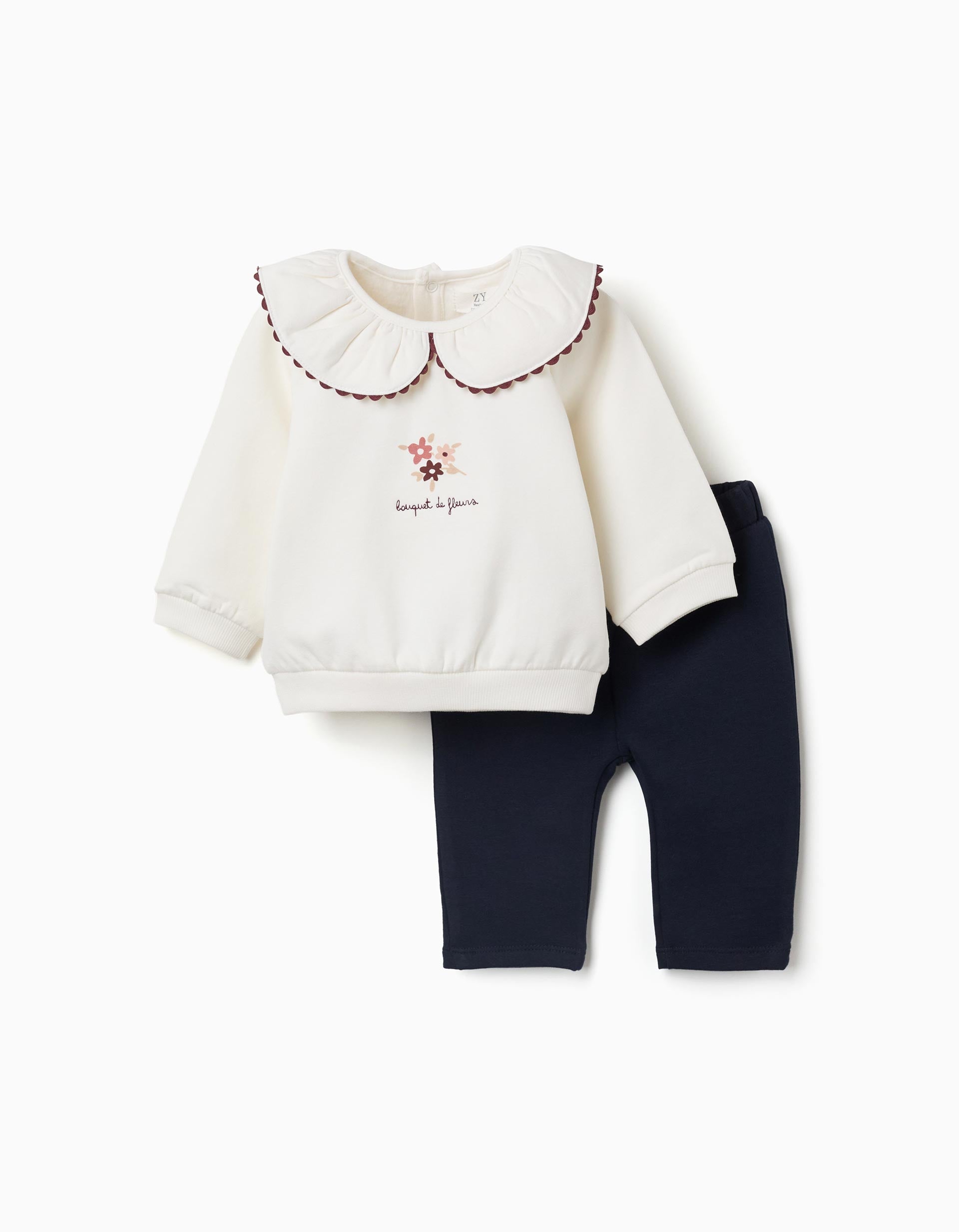 Sweat e calças cardadas para recém-nascida, branco/azul-marinho