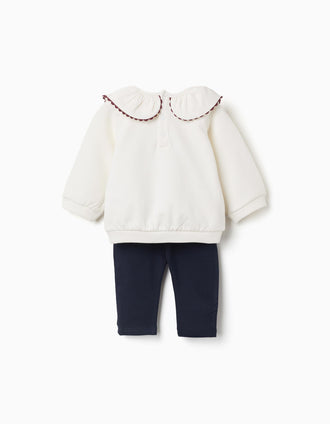 Sweat e calças cardadas para recém-nascida, branco/azul-marinho