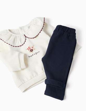 Sweat e calças cardadas para recém-nascida, branco/azul-marinho