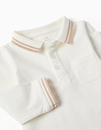 Body-polo en coton à manches longues à rayures pour nouveau-né, blanc