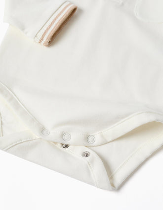 Body-polo en coton à manches longues à rayures pour nouveau-né, blanc