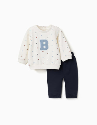 Brushed jogging set with bouclé embroidery for newborn boys, white/blue